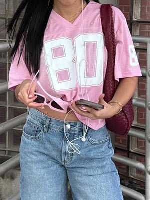 Contrasting Colors Number V-neck, Loose, Casual Basic T-shirts