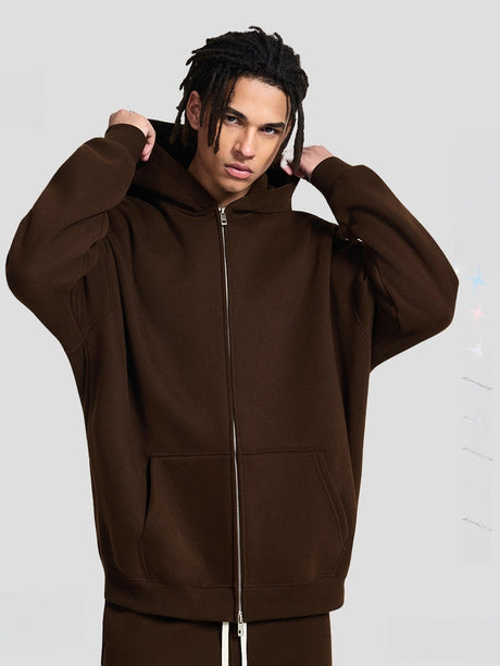 Plush Sports Loose Solid Color Zipper Hooded Sweatshirts&Hoodies Set