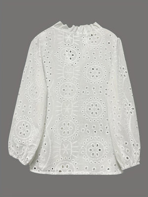 White Long-sleeved V-neck Lace Shirts