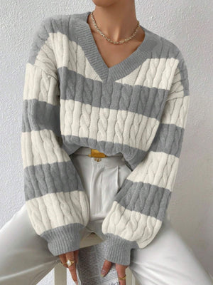 Stripes V-neck Color Matching Knitted Sweater