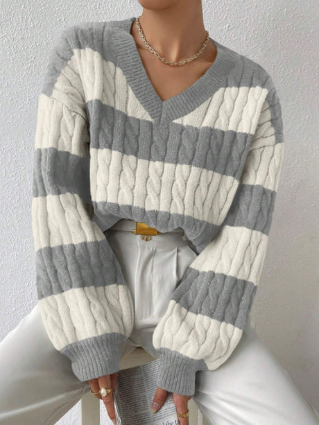 Stripes V-neck Color Matching Knitted Sweater