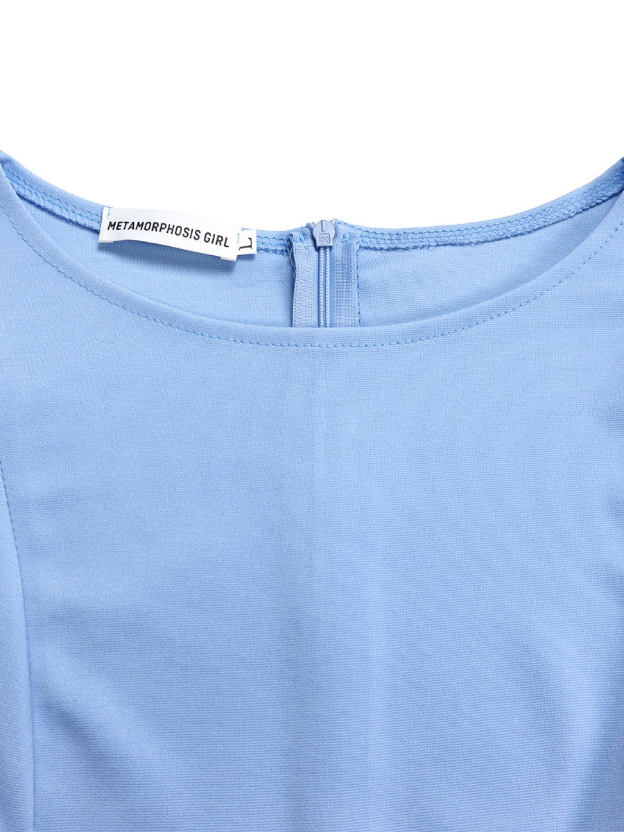 Puff Sleeve High Waist Crew Neck Large Skirt Commuting Leisure Midi Dresses