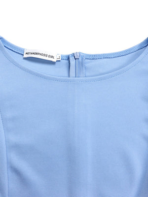 Puff Sleeve High Waist Crew Neck Large Skirt Commuting Leisure Midi Dresses