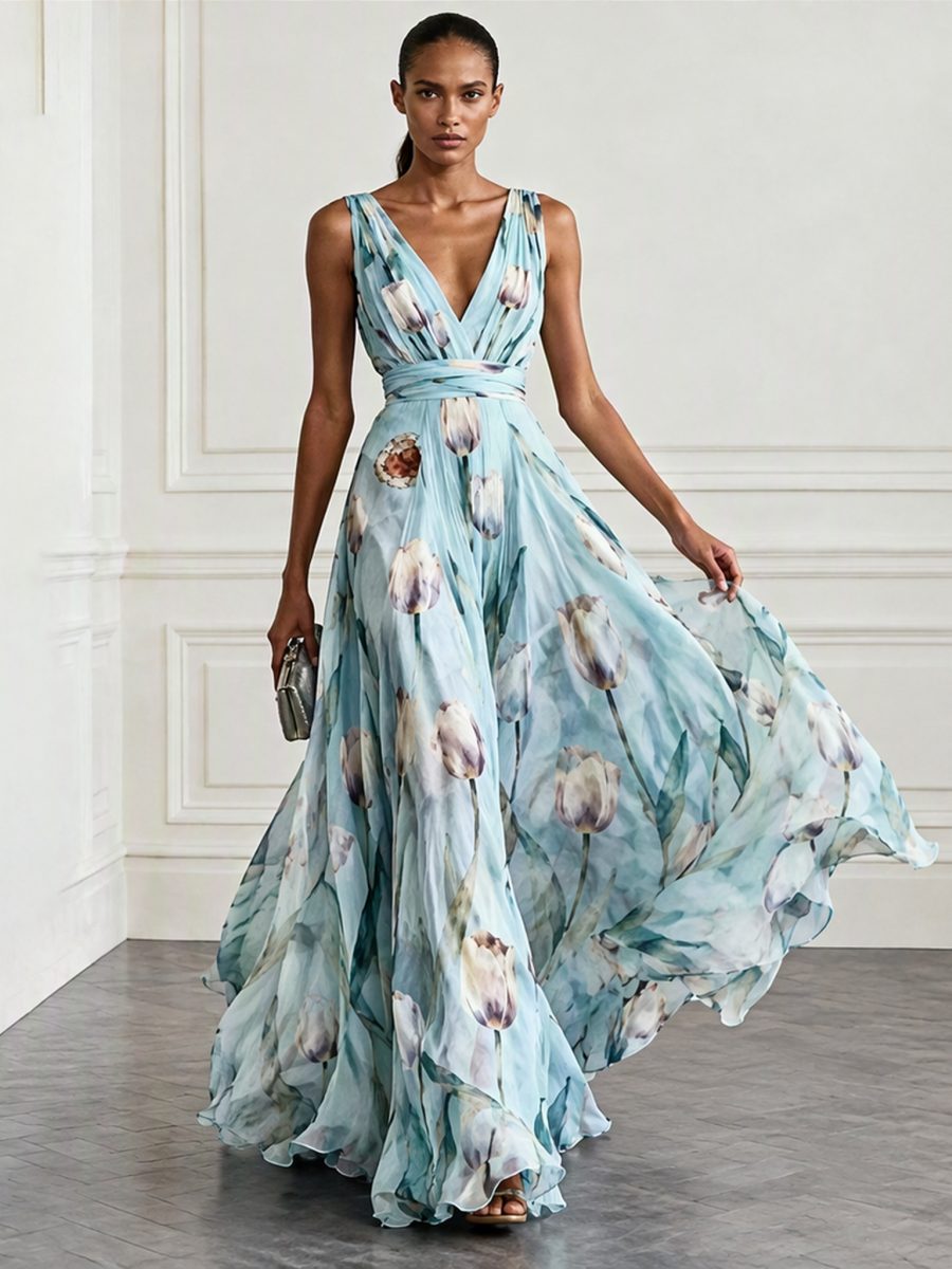 Floral Printed Parties V-neck Sleeveless Maxi Dresses
