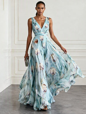 Floral Printed Parties V-neck Sleeveless Maxi Dresses