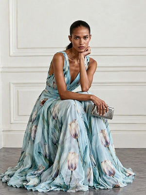 Floral Printed Parties V-neck Sleeveless Maxi Dresses