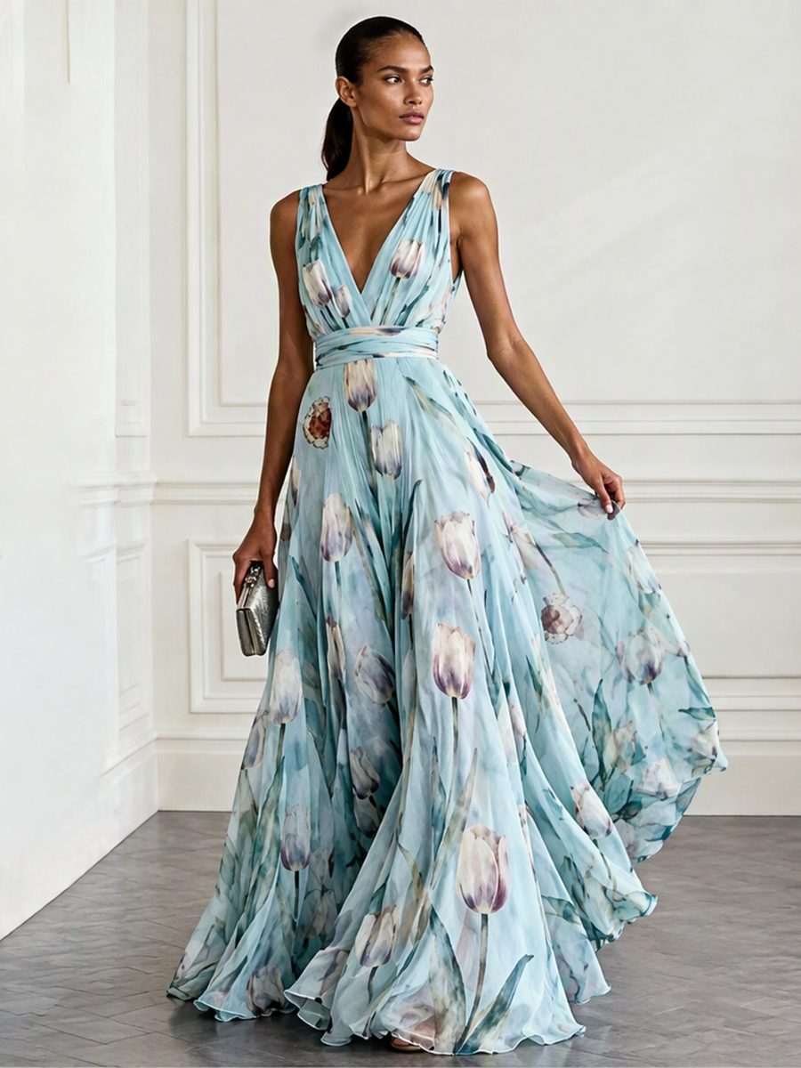 Floral Printed Parties V-neck Sleeveless Maxi Dresses