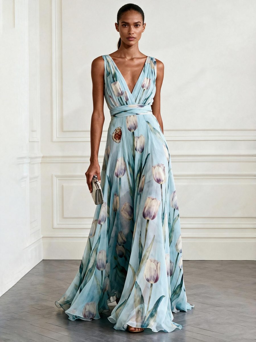 Floral Printed Parties V-neck Sleeveless Maxi Dresses