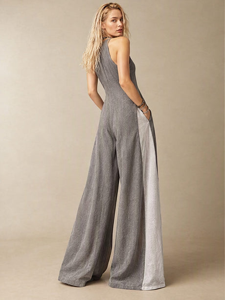 Sleeveless Loose-fit Pocket Color-blocked Leisure Off-shoulder Maxi Dresses
