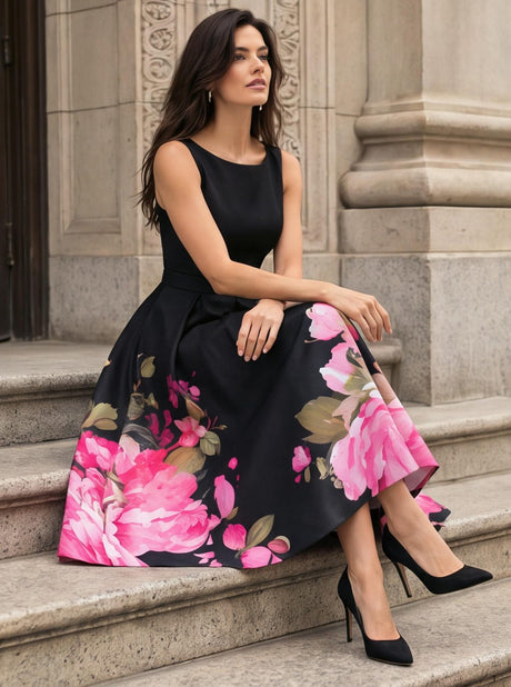 Printed Sleeveless Atmosphere Grace Black Midi Dresses