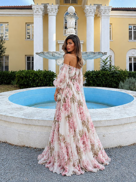 Off Shoulder Balloon Sleeve All-over Print Maxi Dresses