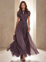V-neck Waist Ruffle Chiffon Big Swing Maxi Dresses
