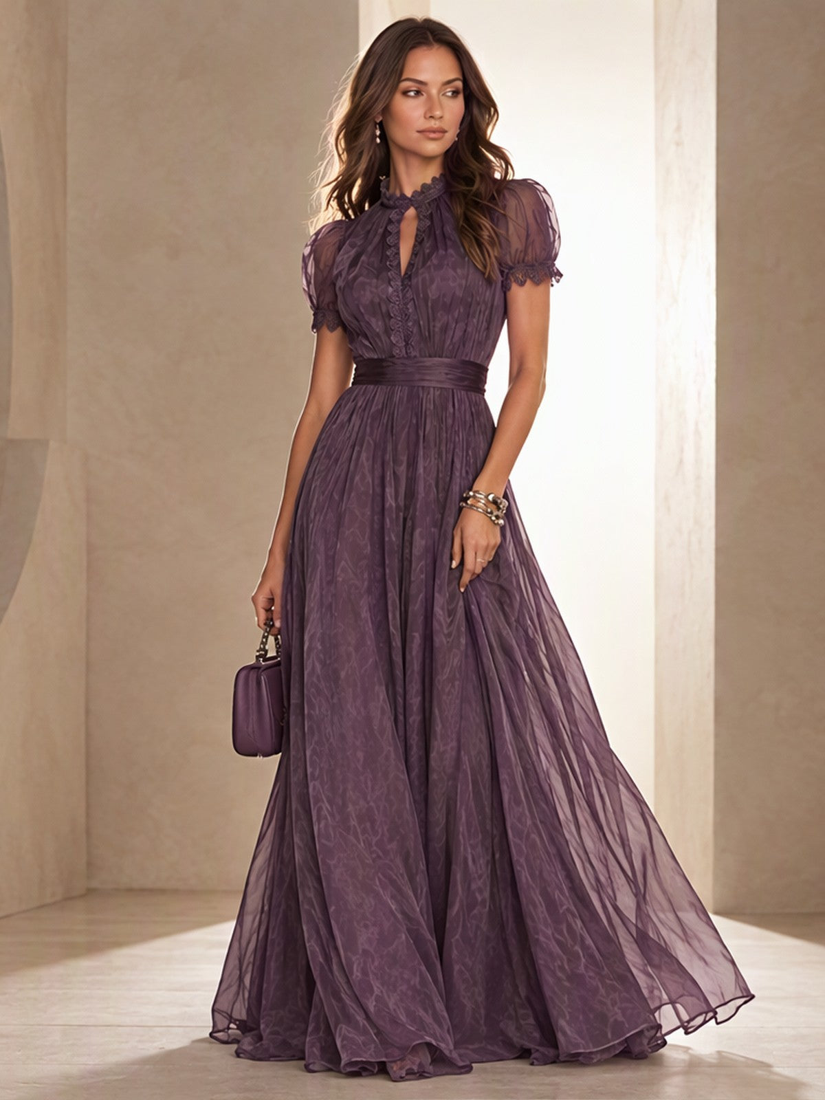 V-neck Waist Ruffle Chiffon Big Swing Maxi Dresses
