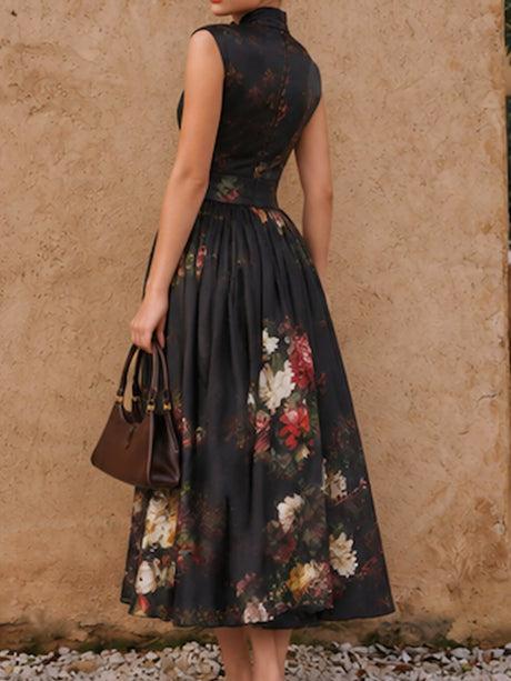 Chinese Collar Chinese Knot Hollow Sleeveless Black Midi Dresses