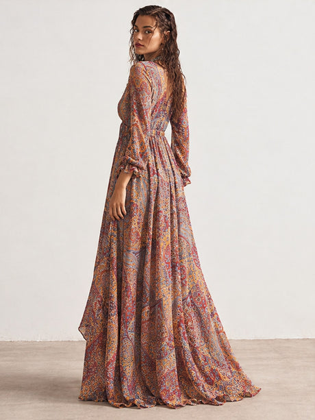 Hippie Style Paisley Print V-neck Vacation Maxi Dresses