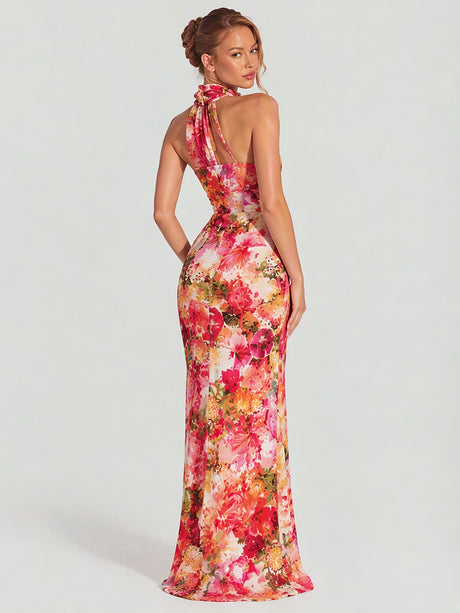 Halter Floral Waist Vacation Maxi Dresses