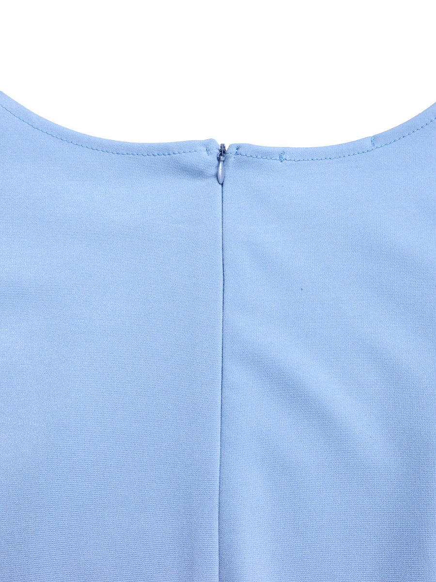 Puff Sleeve High Waist Crew Neck Large Skirt Commuting Leisure Midi Dresses