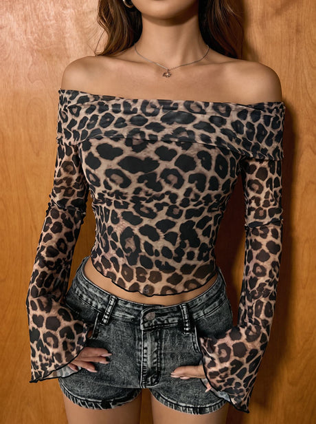 Sexy Off Shoulder Long Sleeve Navel Leopard Print Sexy Top