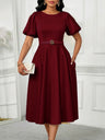Puff Sleeve High Waist Crew Neck Large Skirt Commuting Leisure Midi Dresses