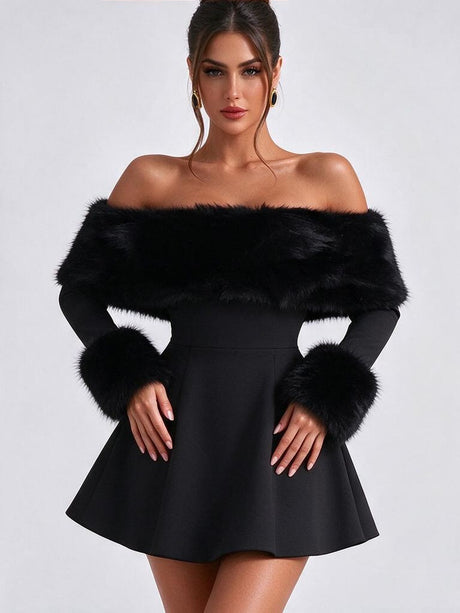 Off-Shoulder Bodycon Mini Dress with Faux Fur Trim