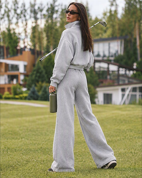 Women's Casual Sportswear Set: Zippered Long-Sleeved Sweatshirt And Wide-Leg Pants Two-Piece Set