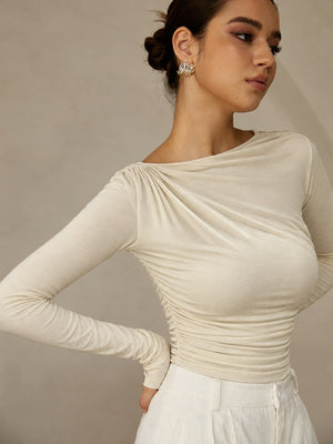 Solid Color Slim Fit Base Layer Versatile Pleated Long-sleeved T-shirt