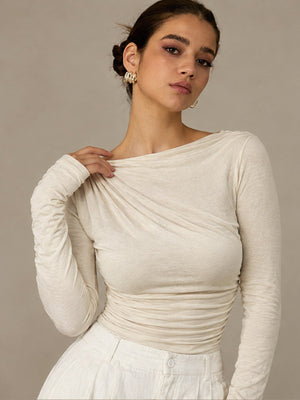 Solid Color Slim Fit Base Layer Versatile Pleated Long-sleeved T-shirt