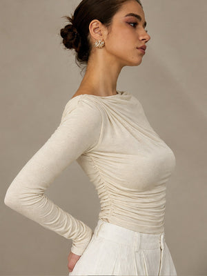 Solid Color Slim Fit Base Layer Versatile Pleated Long-sleeved T-shirt