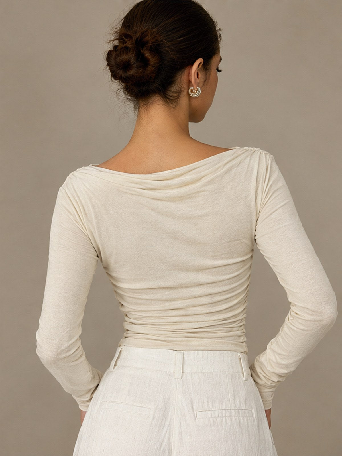 Solid Color Slim Fit Base Layer Versatile Pleated Long-sleeved T-shirt