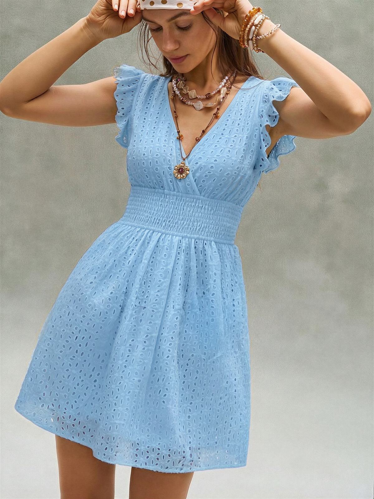 7 Colors Lace Flutter Sleeve V-neck Midi Dress