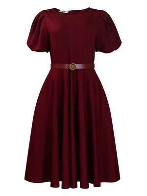 Puff Sleeve High Waist Crew Neck Large Skirt Commuting Leisure Midi Dresses