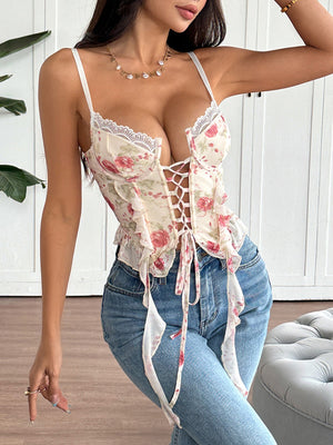 Sweet Floral Lace Ribbon Lace Up Camisoles
