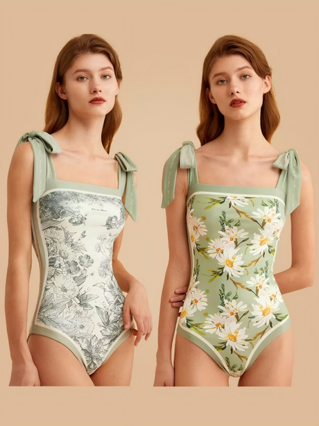Double-sided Printed Retro-style Fresh Strapless Tie-up Swimsuit
