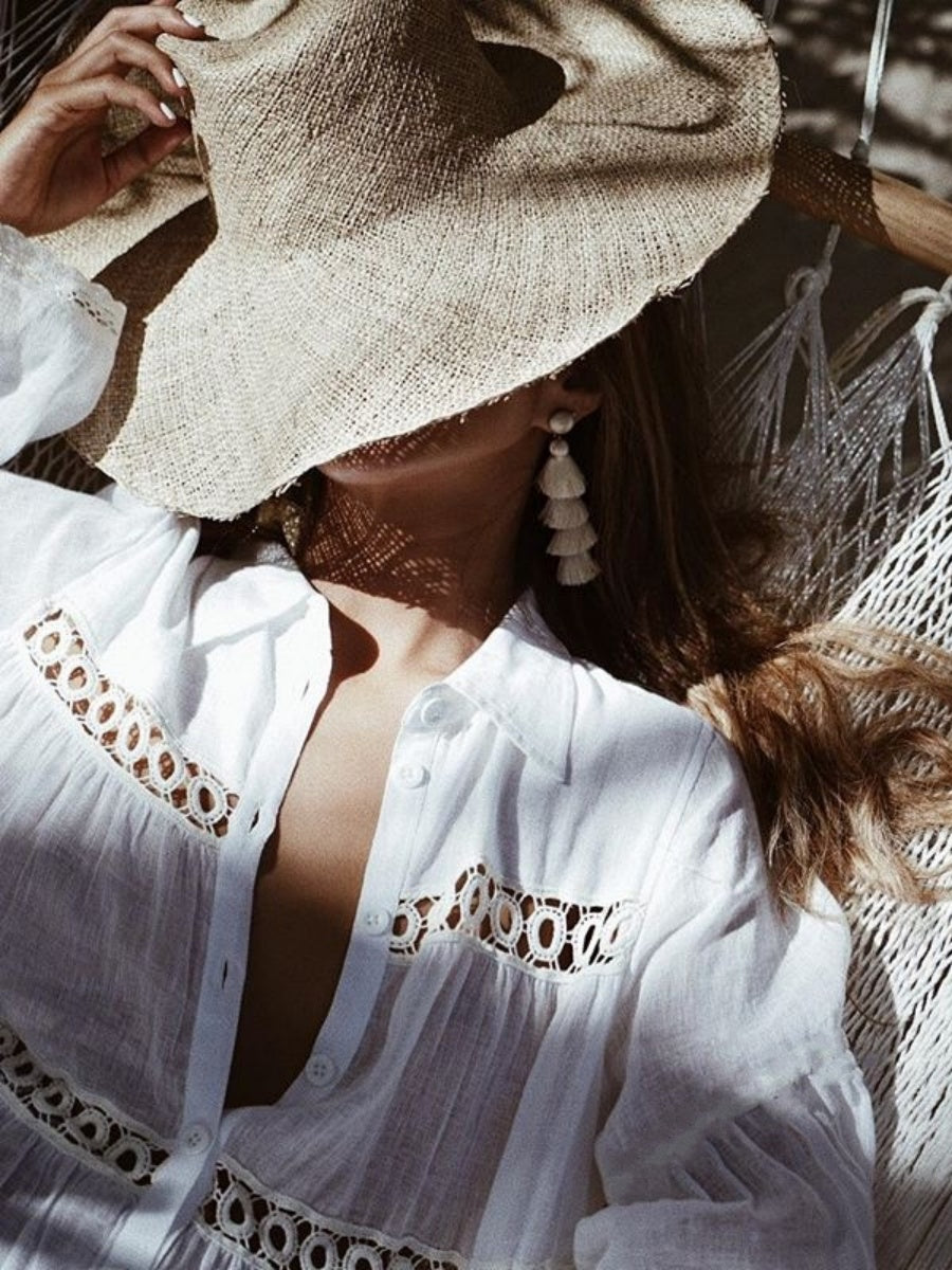 White Cotton Layered Lace-trimmed Shirt-style Flared Sleeve Beach Cover-up, Sun Protection Swimwear Jacket, Women's Cardigan