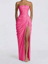 Pleated Slit Strapless Waist Maxi Dresses