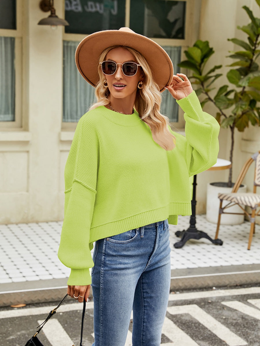Liber Autumn Women's Crew Neck Raglan sleeves Jacket Short Loose Long sleeve Sweaters