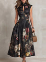 Chinese Collar Chinese Knot Hollow Sleeveless Black Midi Dresses