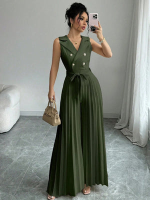 Commuting Suit Collar Pleated Pants Double-breasted Jumpsuits