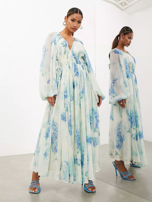 Printed Chiffon Drawstring Maxi Dresses