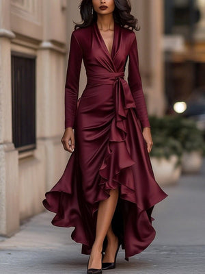 V-neck Fitted Waist Ruffled Hem Maxi Dresses