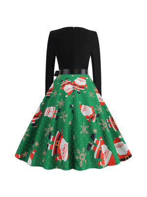 Christmas Crew Neck Splicing Long Sleeve Midi Dresses