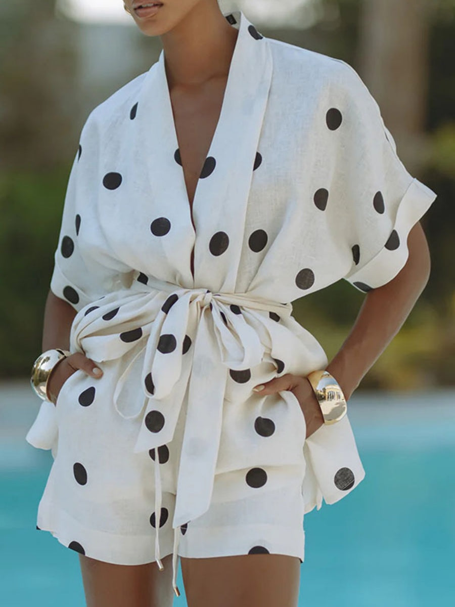 Polka Dot Batwing Sleeve Shirt And Shorts Two-piece Set