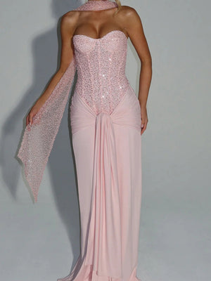 Sequins Tube Top Splicing Bandage Formal Dress Maxi Dresses