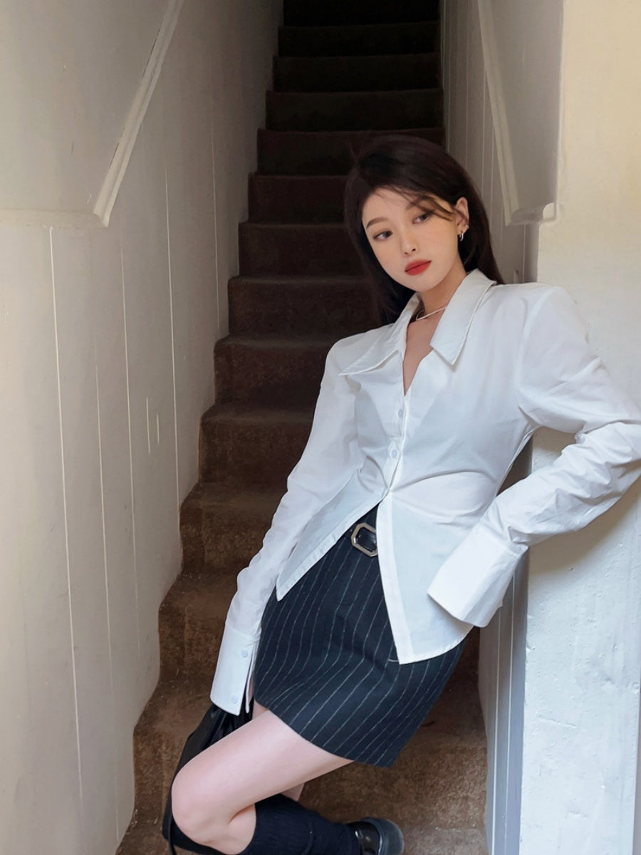 White Collared Long-sleeved Shirt For Women, Slim Fit, Waist-cinching Design, Unique And Stylish Top.