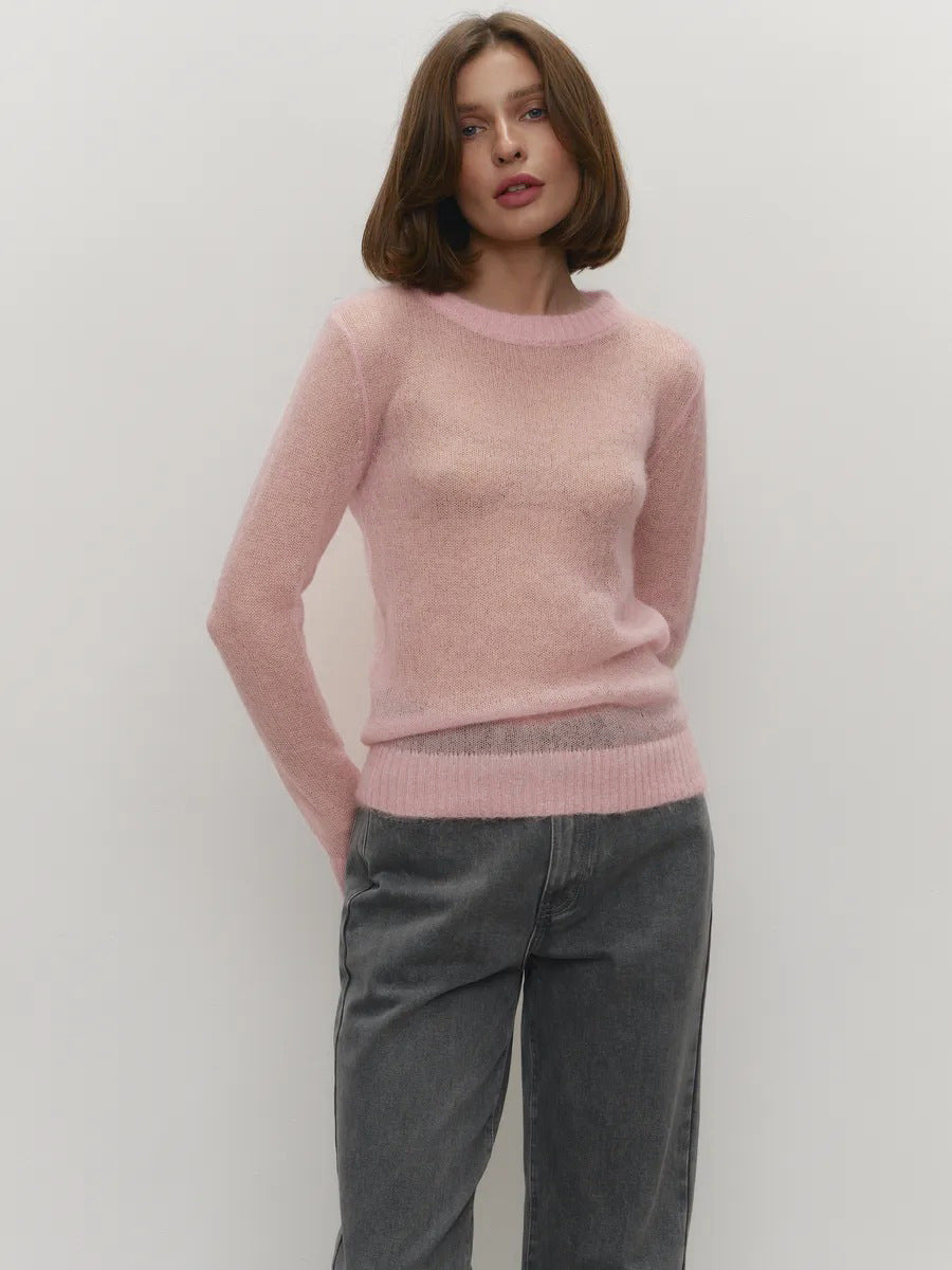 Mohair Crew Neck Pullover Sweater, Semi-sheer Base Layer Sweater
