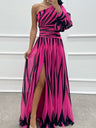 Color-blocked Printed Sloping Shoulders Slit Formal Dress Maxi Dresses