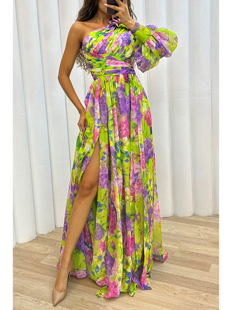 Floral Print Mesh Off-shoulder Maxi Dresses