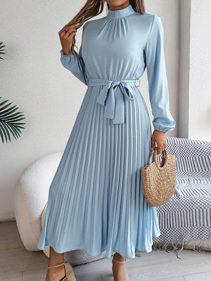 Stand Collar Long Sleeve Waist Pleats Midi Dresses