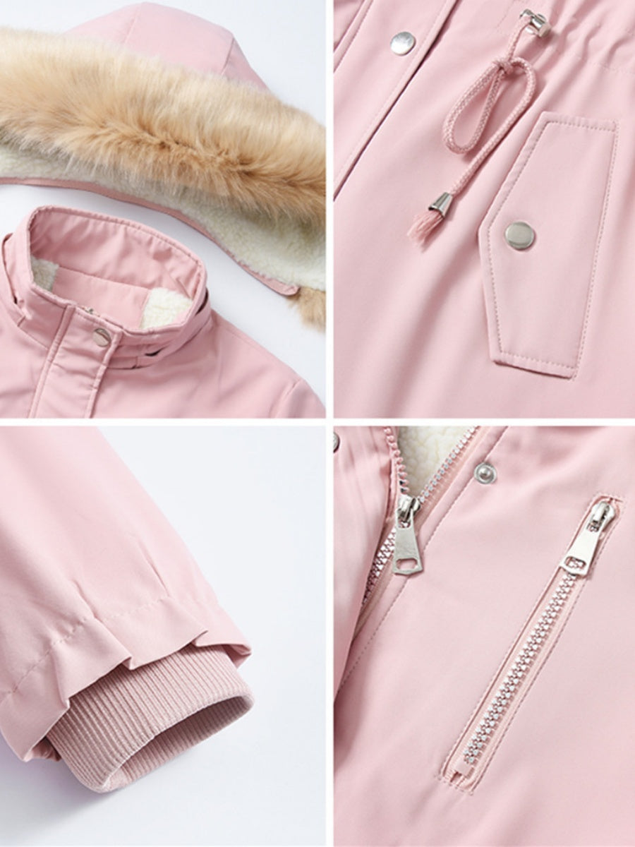 Mid-length Raincoat Water Proof Outdoor Drawstring Fur Collar Cotton-padded Jackets And Windbreakers