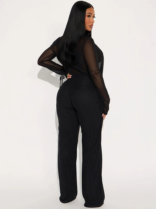 Mesh Halter Neck Tie Long-sleeved Top And Slim-fit Trousers Two-piece Set